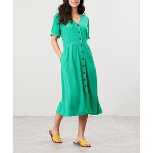 NWT Womens Joules Green Jessica Linen Blend Button-Front Midi Dress with Pockets